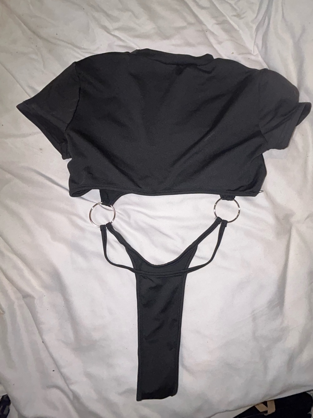 Black Cutout Crop Top monokini Bikini tshirt s swimsuit ring one piece - Picture 5 of 5